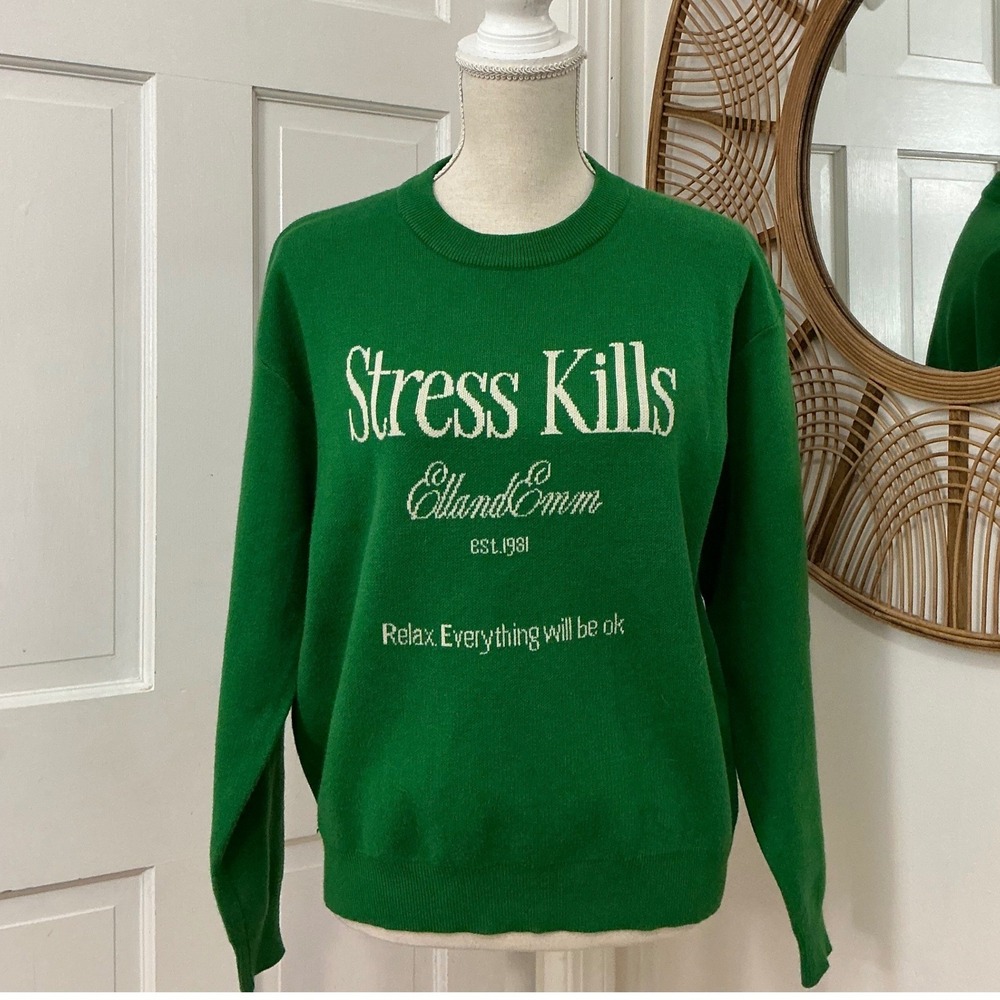 EllandEmm Stress Kills Sweater S/M Kelly Green Statement Relaxed Fit Academia